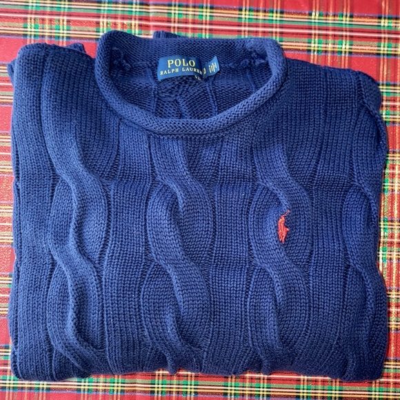 Ralph Lauren Polo Cable Knit Sweater Red Pony Navy Medium Preppy Like New - Picture 14 of 14